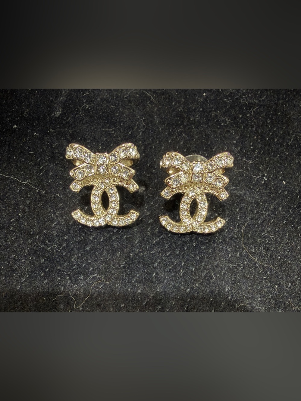 Chanel Crystal Ribbon Bow CC Earrings Gold